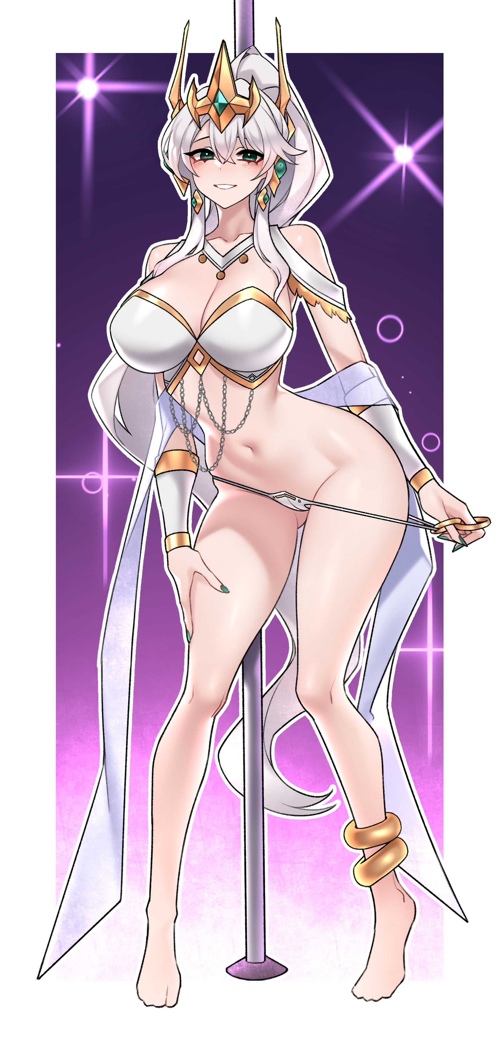 dogs (dlrkdejr26), dungeon and fighter, absurdres, highres, 1girl, anklet, barefoot, blush, bracelet, breasts, cleavage, crop top, dancer, eyebrows hidden by hair, full body, green eyes, hair between eyes, hand on own thigh, jewelry, large breasts, long hair, looking at viewer, nail polish, navel, open mouth, panties, pole, ponytail, smile, solo, stomach, stripper pole, tiara, underwear, undressing, very long hair, white hair, white panties