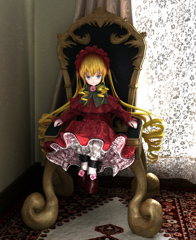 shinku, rozen maiden, white legwear, 00s, 1girl, blonde hair, bonnet, bow, bowtie, carpet, chair, curtains, dress, drill hair, female focus, frills, full body, green bow, green bowtie, long hair, long sleeves, looking at viewer, red dress, shoes, sidelocks, sitting, solo, throne, twin drills, twintails, very long hair, window
