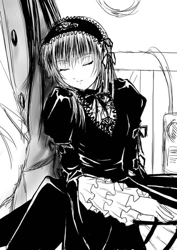 suigintou, rozen maiden, rozen maiden traumend, 00s, gothic lolita, greyscale, lolita fashion, monochrome, solo