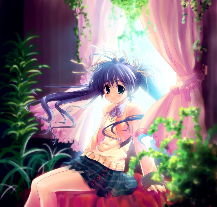 tagme, 1girl, blush, female focus, plant, school uniform, serafuku, sitting, solo, twintails