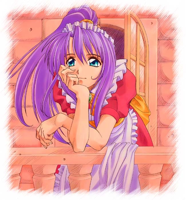murakami suigun, md5 mismatch, source request, 1girl, blue eyes, female focus, head rest, high ponytail, long hair, maid, ponytail, purple hair, solo