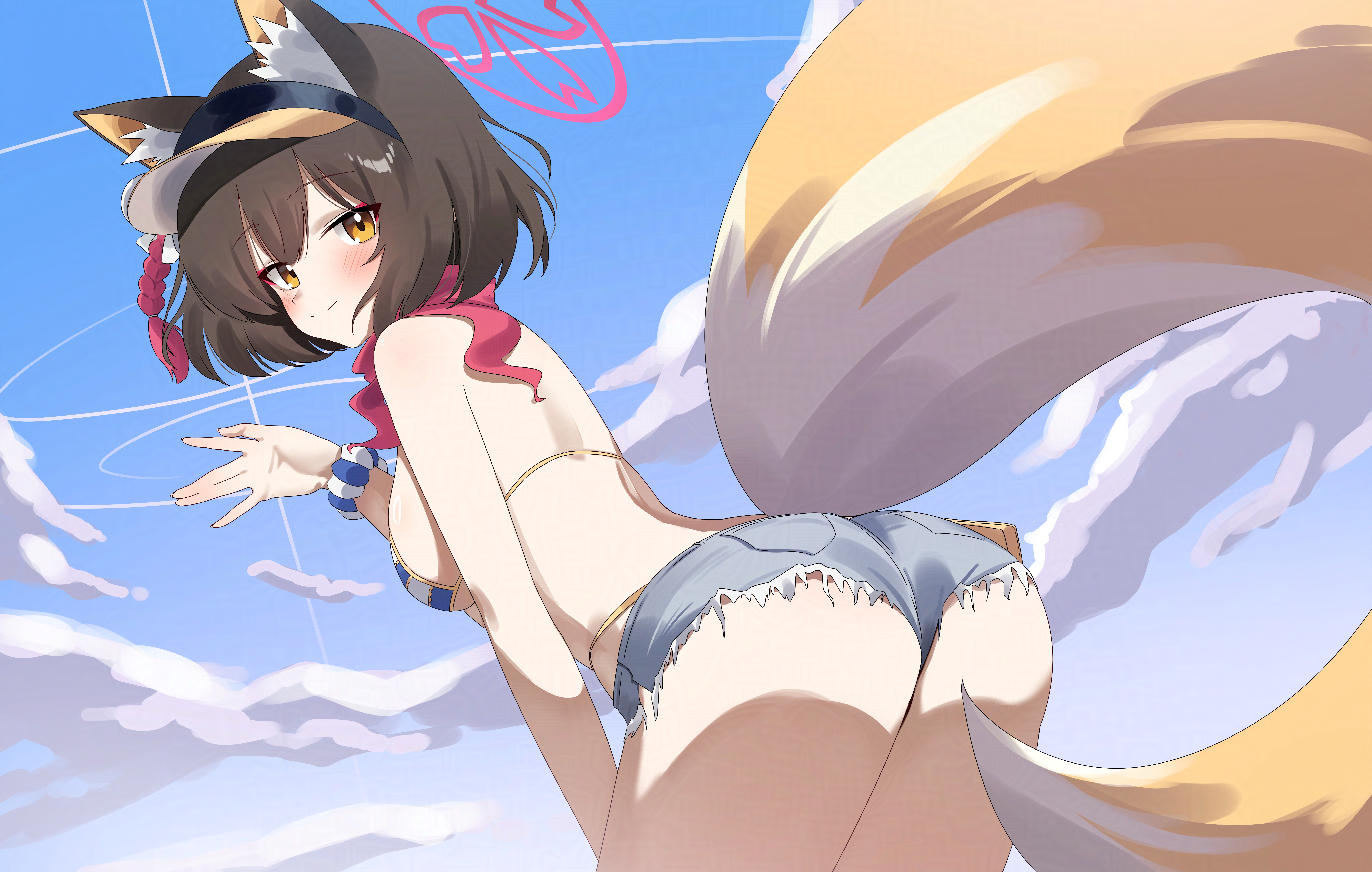 d (delt4), izuna (blue archive), izuna (swimsuit) (blue archive), blue archive, absurdres, commentary, highres, 1girl, animal ear fluff, animal ears, ass, bikini, blue shorts, blue sky, blush, breasts, brown hair, closed mouth, cloud, cowboy shot, cutoffs, denim, denim shorts, fox ears, fox girl, fox tail, from side, halo, hand up, large tail, leaning forward, looking at viewer, medium breasts, micro shorts, official alternate costume, pink halo, red scarf, scarf, scrunchie, short hair, shorts, sky, smile, solo, split mouth, standing, striped bikini, striped clothes, swimsuit, tail, visor cap, wrist scrunchie, yellow eyes