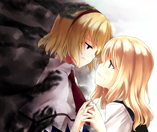 sakuraba yuuki, alice margatroid, kirisame marisa, touhou, 2girls, black background, blonde hair, blue eyes, blush, capelet, crying, eye contact, female focus, from side, hair ribbon, hairband, holding hands, interlocked fingers, long hair, looking at another, multiple girls, ribbon, sad, short hair, simple background, tears, two-tone background, upper body, white background, yellow eyes, yuri