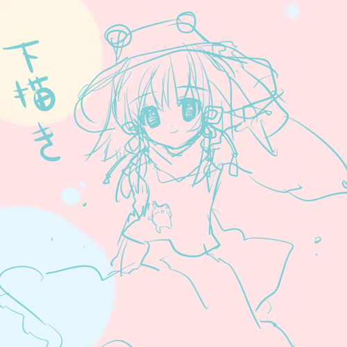 torii sumi, moriya suwako, touhou, jpeg artifacts, lowres, 1girl, female focus, hair between eyes, hand on headwear, hat, monochrome, pink background, pink theme, sketch, smile, solo