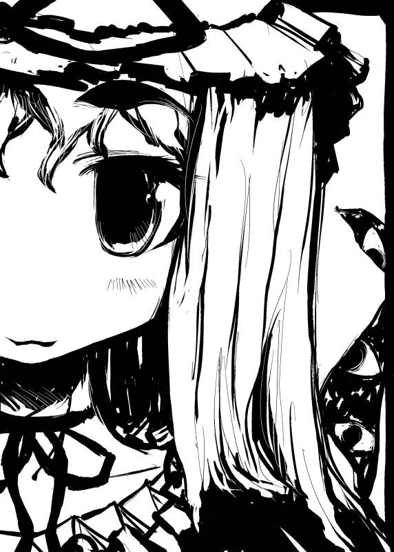 tao, tao (kadoya), yakumo yukari, touhou, 1girl, :3, female focus, gap (touhou), greyscale, monochrome, solo