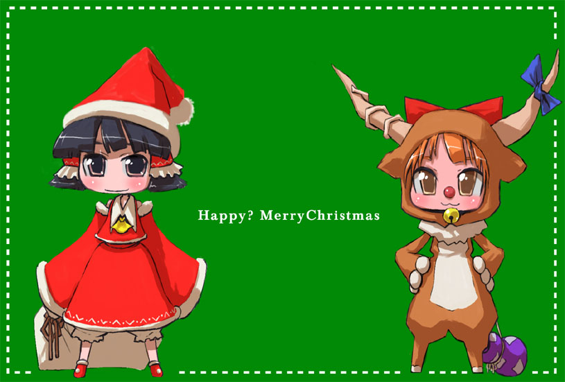 tao, tao (kadoya), hakurei reimu, ibuki suika, touhou, 2girls, :3, animal costume, christmas, female focus, multiple girls, reindeer, reindeer costume, santa costume