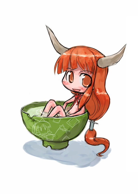tao, tao (kadoya), ibuki suika, touhou, 1girl, bath, completely nude, cup, female focus, horns, in container, in cup, mini person, minigirl, nude, orange eyes, orange hair, solo