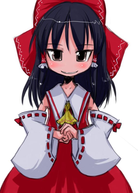 tao, tao (kadoya), hakurei reimu, touhou, 1girl, black hair, bow, brown hair, cowboy shot, detached sleeves, dress, female focus, hair bow, long sleeves, looking at viewer, ponytail, red bow, red dress, ribbon-trimmed sleeves, ribbon trim, sidelocks, simple background, solo, white background, wide sleeves