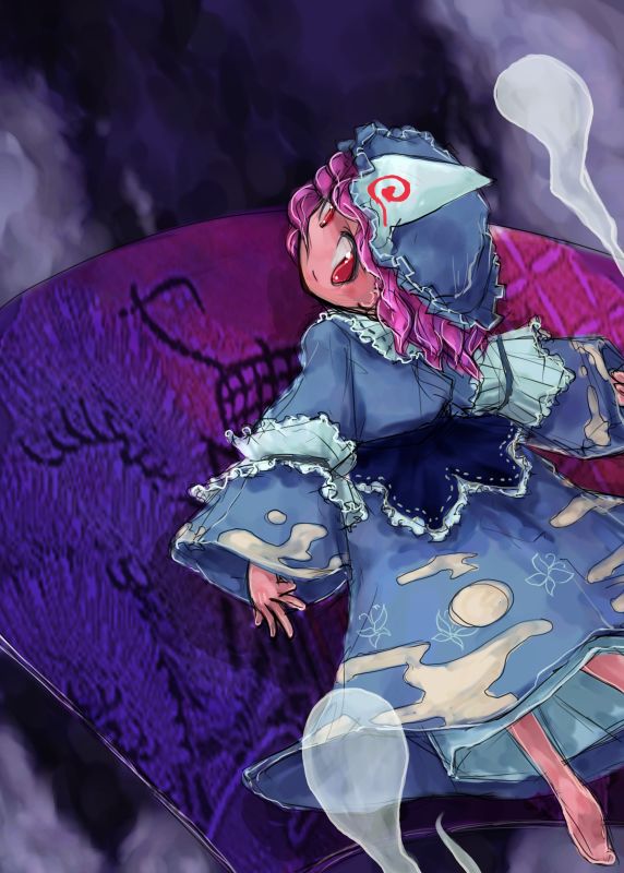 tao, tao (kadoya), saigyouji yuyuko, touhou, 1girl, barefoot, blue dress, dress, female focus, floating, flying, frills, from above, from behind, ghost, hand fan, hat, hitodama, long sleeves, looking at viewer, looking back, looking up, mob cap, saigyouji yuyuko's fan design, sash, soles, solo, toes, triangular headpiece