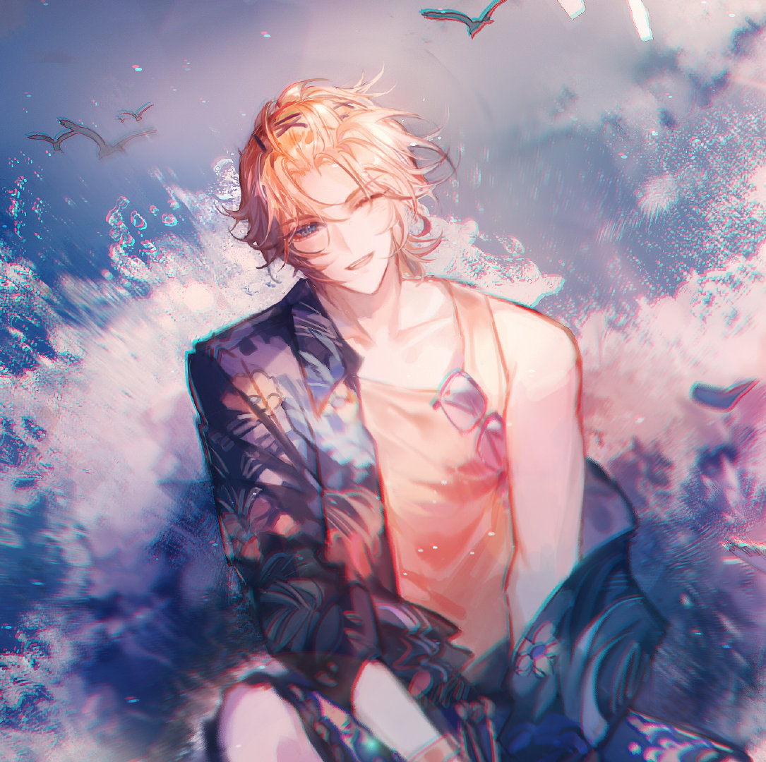 sinko123, lars rorschach, lovebrush chronicles, chinese commentary, 1boy, ;d, bangs pinned back, bird, blonde hair, blue eyes, blue jacket, blue shorts, collarbone, cowboy shot, day, eyewear hang, floral print, hair ornament, hairclip, jacket, looking at viewer, male focus, official alternate costume, one eye closed, open mouth, orange tank top, outdoors, print jacket, seagull, short hair, shorts, single bare shoulder, single off shoulder, sitting, smile, solo, straight-on, sunglasses, tank top, teeth, three-quarter sleeves, unworn eyewear, upper teeth only, waves