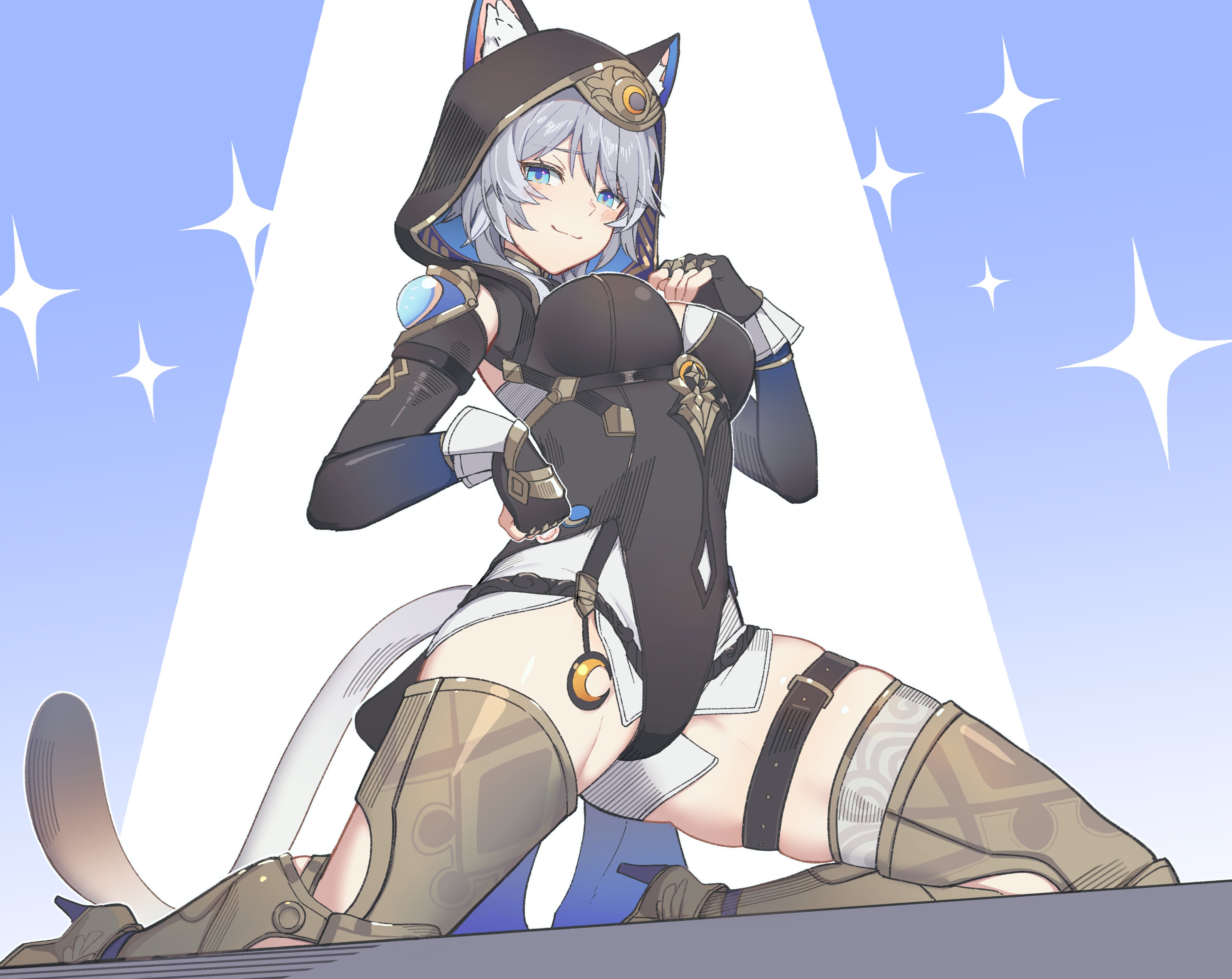 yumegiwa (skgl thx), cipher (honkai: star rail), honkai: star rail, honkai (series), absurdres, commentary request, highres, 1girl, animal ear fluff, animal ears, black gloves, black leotard, blue eyes, boots, breasts, cat ears, cat girl, cat tail, fingerless gloves, gloves, gold boots, grey hair, hooded leotard, kneeling, large breasts, leotard, short hair, shorts, smile, solo, tail, thighs, white shorts