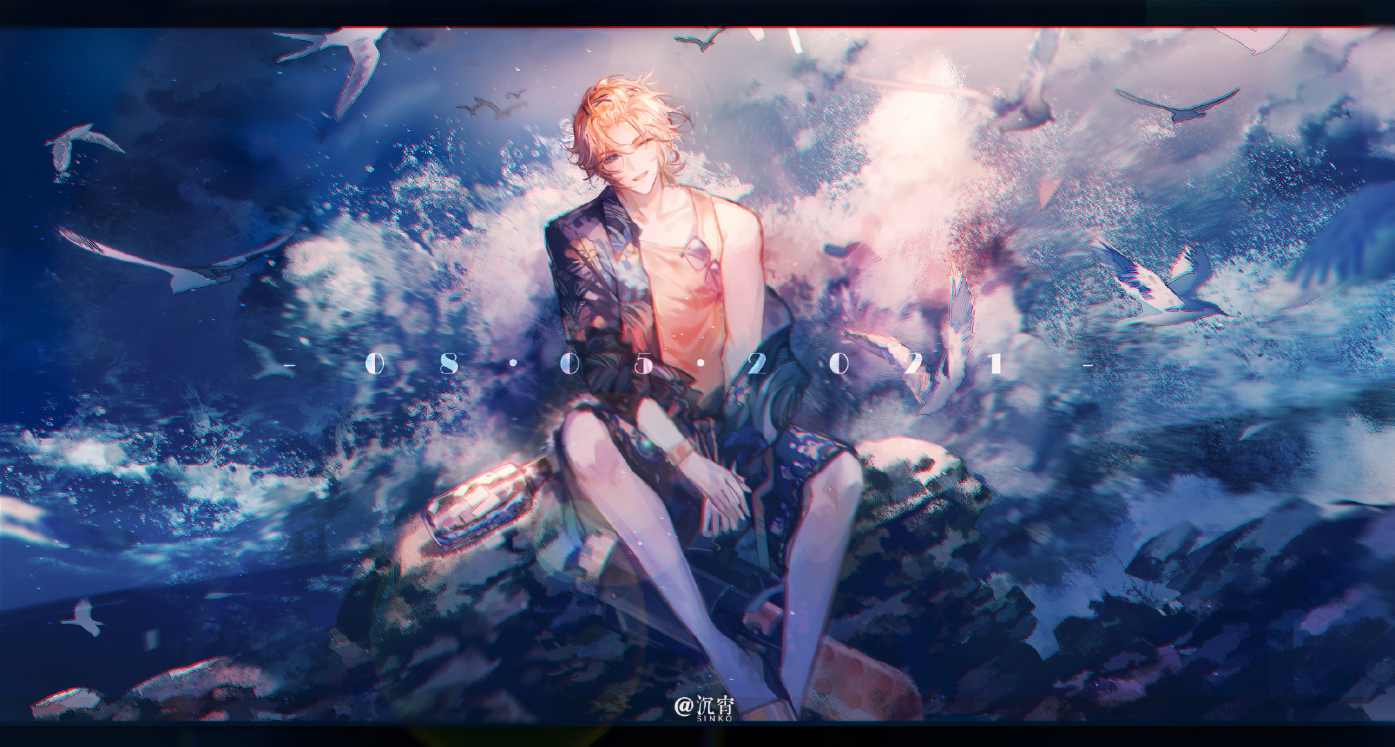 sinko123, lars rorschach, lovebrush chronicles, chinese commentary, highres, 1boy, ;d, bangs pinned back, bird, black border, blonde hair, blue eyes, blue jacket, blue shorts, border, bracer, collarbone, dated, day, eyewear hang, feet out of frame, floral print, hair ornament, hairclip, head tilt, jacket, letterboxed, looking at viewer, male focus, ocean, official alternate costume, on rock, one eye closed, open mouth, orange tank top, outdoors, own hands together, print jacket, print shorts, sandals, seagull, ship in a bottle, short hair, shorts, single bare shoulder, single off shoulder, sitting, smile, solo, straight-on, sunglasses, tank top, teeth, three-quarter sleeves, unworn eyewear, upper teeth only, waves