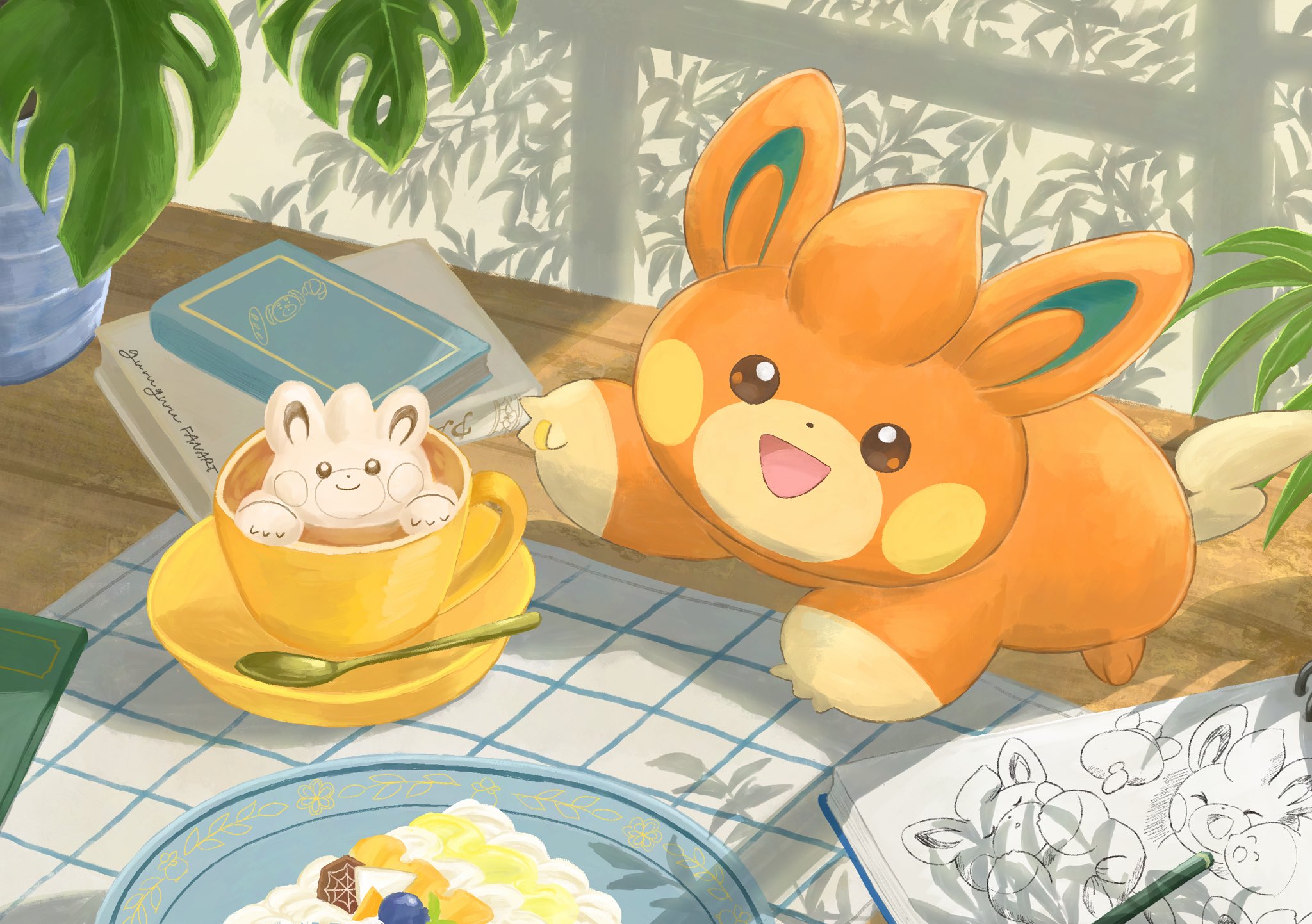 omochi (aoi guruguru), pawmi, nintendo, pokemon, highres, animal focus, brown eyes, cake, cake slice, coffee, coffee mug, cup, foam, food, looking at viewer, mug, no humans, notebook, open mouth, plant, plate, pokemon (creature), pokemon focus, potted plant, saucer, smile, spoon