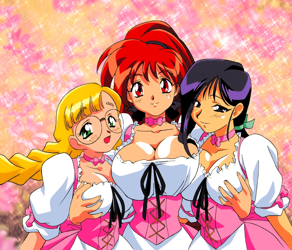 kimura takahiro, honjoji akira, karin (viper), saki (viper), viper (series), viper v16, 3girls, blonde hair, blue hair, braid, breasts, choker, girl sandwich, grabbing another's breast, green eyes, groping, large breasts, multiple girls, ponytail, red eyes, red hair, ribbon, sandwiched, smile, twin braids, waitress