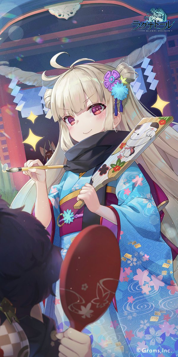 ragnador, character request, commentary request, highres, official art, second-party source, 1other, 2girls, blue kimono, calligraphy brush, closed mouth, company name, copyright logo, copyright name, dakini (ragnador), day, floral print, floral print kimono, genbu (ragnador), grey hair, hagoita, hand mirror, holding, holding calligraphy brush, holding mirror, holding paintbrush, holding pen, japanese clothes, kimono, long hair, looking at viewer, mirror, multiple girls, obi, outdoors, paddle, paintbrush, pen, print kimono, red eyes, sash, shrine, smile, solo focus, sparkle, standing, v-shaped eyebrows
