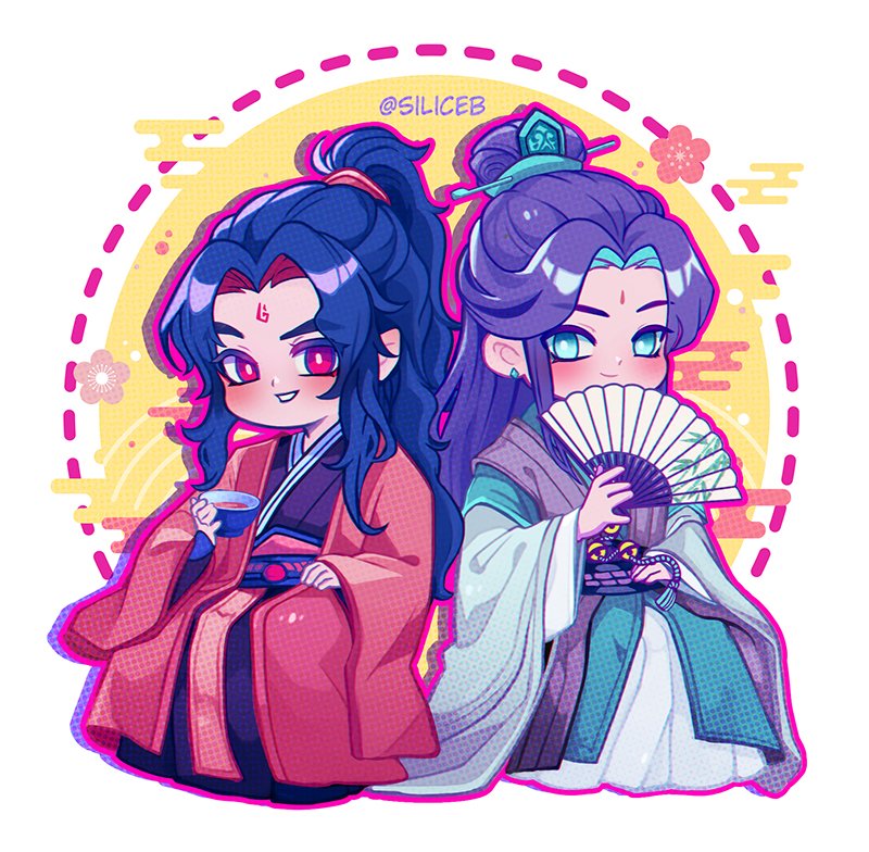 siliceb, luo binghe, shen qingqiu, zuiyin, renzha fanpai zijiu xitong, 2boys, artist name, bamboo print, ben-day dots, bindi, black hair, black hanfu, blush, border, chibi, chibi only, chinese clothes, closed mouth, colored shadow, cup, curly hair, curtained hair, dotted line, drop shadow, earrings, facial mark, flower, forehead mark, green eyes, green hanfu, grin, hair bun, half updo, hand fan, hanfu, holding, holding cup, holding fan, inset border, jewelry, long hair, long sleeves, looking at viewer, male focus, multiple boys, paper fan, parted bangs, pink border, plum blossoms, raised eyebrow, red eyes, red robe, robe, screentones, shadow, sidelocks, single hair bun, sitting, smile, thick eyebrows, twitter username, white background, white hanfu, wide sleeves, xiangyun, xiao guan (headdress), yellow background
