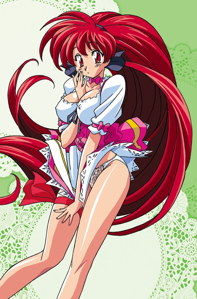 kimura takahiro, honjoji akira, viper (series), viper v16, 1girl, big hair, breasts, choker, female focus, long hair, panties, pantyshot, ponytail, red eyes, red hair, ribbon, solo, underwear, very long hair, waitress, wind, wind lift
