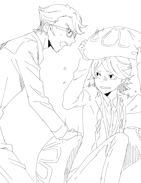 ikuhashi muiko, gamon yuuta, hashigami sarai, occultic;nine, science adventure, 2boys, blush, clenched teeth, greyscale, jacket, long sleeves, male focus, monochrome, multiple boys, open mouth, short hair, shouting, simple background, sitting, surprised, tearing up, teeth
