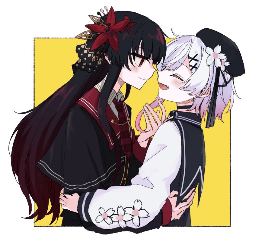 nikaidou hiro, sakuraba ema, mahou shoujo no majo saiban, commentary, 2girls, beret, black choker, black dress, black hair, black hat, choker, dress, fang, flower, gradient hair, hair ornament, hand in another's hair, hand on another's waist, hat, long hair, looking at another, multicolored hair, multiple girls, necktie, open mouth, pink hair, red eyes, red flower, red necktie, short hair, smile, two-tone background, upper body, very long hair, white flower, white hair, x hair ornament, yume mogura, yuri