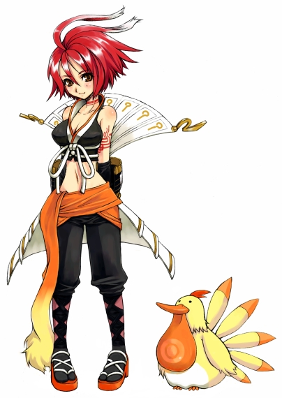 hirose wataru, komine minamo, alkaid (.hack//), .hack//, .hack//g.u., bandai, cyber connect 2, 00s, 1girl, animal, arms behind back, bare shoulders, bird, blush, breasts, chicken, cleavage, collarbone, female focus, full body, looking at viewer, midriff, navel, pigeon-toed, red eyes, red hair, short hair, simple background, smile, solo, standing, stomach, white background