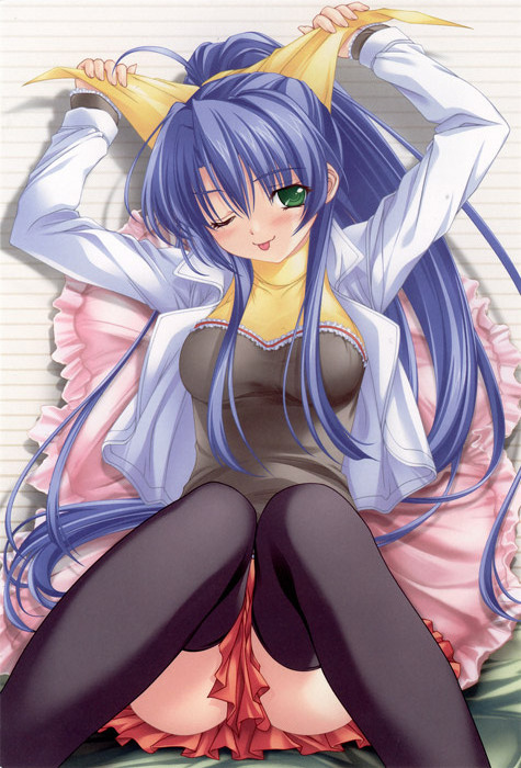 1girl, blue hair, breasts, female focus, green eyes, large breasts, long hair, ponytail, ribbon, shirt, skirt, solo, thighhighs, upskirt