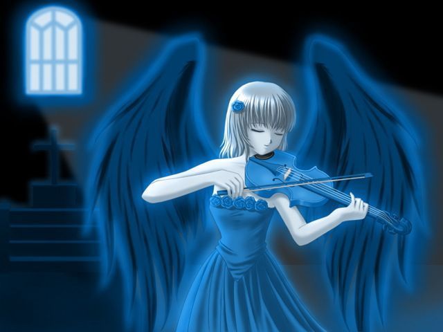 artist request, source request, 1girl, angel, blonde hair, blue dress, blue theme, closed eyes, cross, dress, female focus, flower, instrument, latin cross, smile, solo, strapless, strapless dress, violin, window, wings