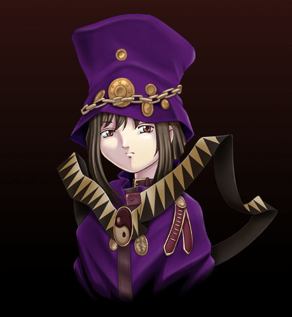 sugi (atolier sugi), boogiepop (character), boogiepop, 00s, 1girl, brown eyes, brown hair, chain, cloak, female focus, frown, hat, short hair, solo, yin yang