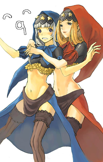 gwendolyn (odin sphere), velvet (odin sphere), odin sphere, vanillaware, black legwear, frilled legwear, silver hair, 2girls, artistic error, blonde hair, cosplay, fingernails, hood, midriff, multiple girls, navel, purple eyes, siblings, simple background, sisters, star (symbol), thighhighs, velvet (odin sphere) (cosplay)