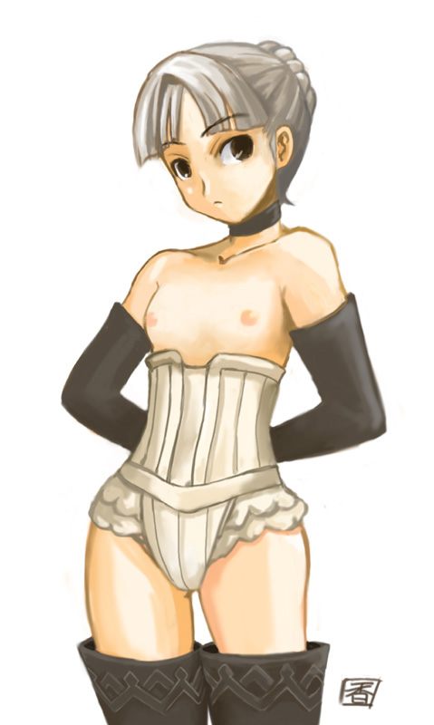 gwendolyn (odin sphere), odin sphere, silver hair, 1girl, arms behind back, bare shoulders, black eyes, black thighhighs, blunt bangs, bustier, choker, detached sleeves, female focus, flat chest, frills, frown, hair bun, lingerie, looking at viewer, nipples, parted bangs, short hair, signature, simple background, single hair bun, solo, standing, thigh gap, thighhighs, underwear, zettai ryouiki