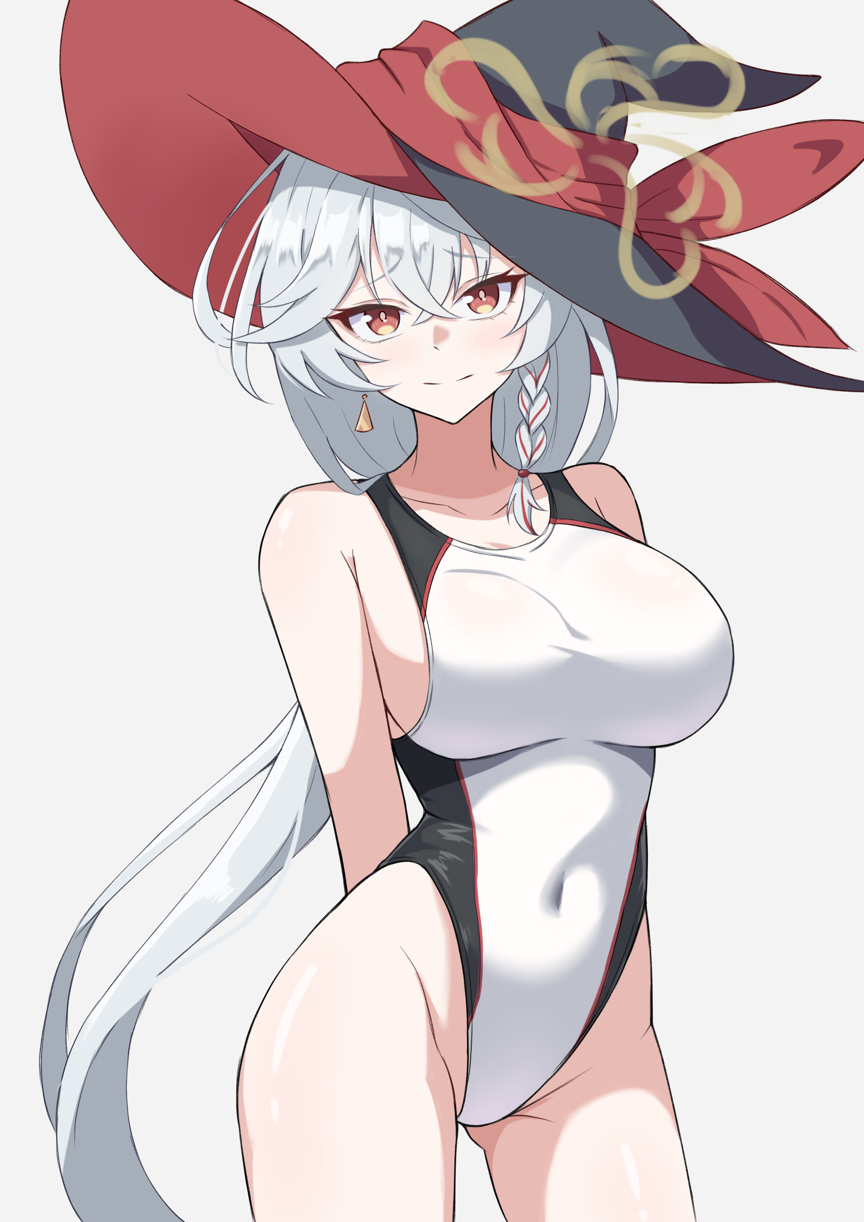minaduki0707, eri (blue archive), blue archive, absurdres, commentary request, highres, 1girl, arms behind back, black hat, braid, breasts, closed mouth, competition swimsuit, covered navel, cowboy shot, crossed bangs, earrings, furrowed brow, gluteal fold, grey background, grey hair, hair between eyes, halo, hat, highleg, highleg one-piece swimsuit, jewelry, large breasts, long hair, looking at viewer, multicolored hair, one-piece swimsuit, red hair, side braid, simple background, single braid, solo, split mouth, standing, streaked hair, swimsuit, very long hair, white one-piece swimsuit, witch hat, yellow eyes, yellow halo