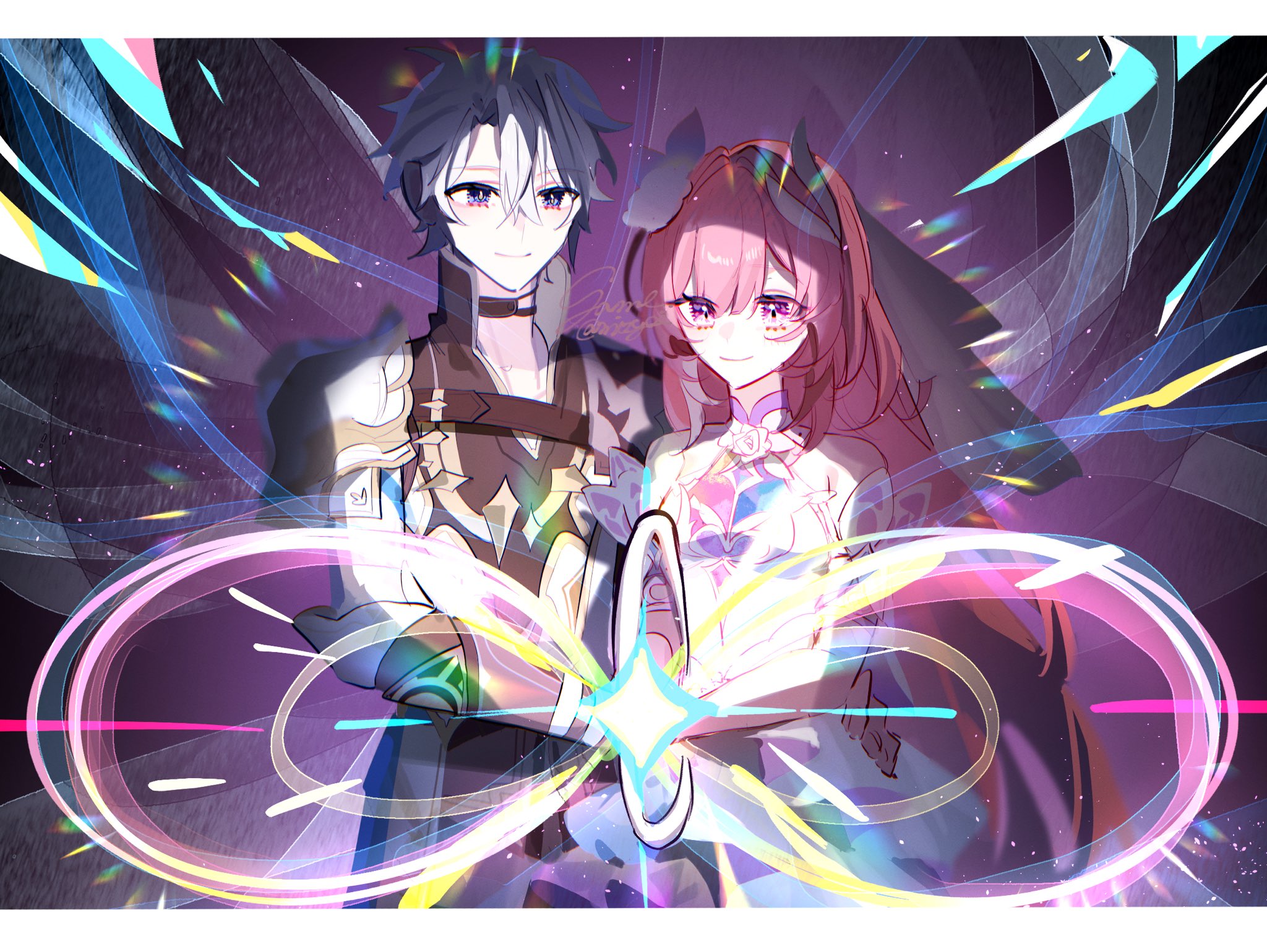 nyayou amanatto, cyrene (honkai: star rail), phainon (honkai: star rail), honkai: star rail, honkai (series), hashtag-only commentary, highres, 1boy, 1girl, amphoreus (honkai: star rail), armor, blue eyes, border, bridal veil, coat, dress, hair ornament, long hair, mobius strip, pauldrons, pink hair, purple eyes, shirt, shoulder armor, single pauldron, smile, veil, very long hair, white border, white coat, white dress, white hair