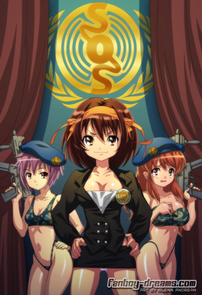 glenn andrean, minazuki haruka, asahina mikuru, nagato yuki, suzumiya haruhi, heckler & koch, suzumiya haruhi no yuuutsu, highres, beret, bikini, breasts, brown hair, camouflage, cleavage, glenn adrean, gun, h&k ump, hat, highleg, highleg panties, midriff, panties, purple hair, red hair, submachine gun, swimsuit, tankini, underwear, weapon
