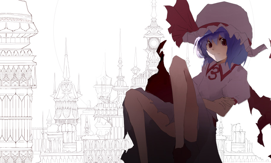 tsuki yuuhi, remilia scarlet, touhou, silver hair, 1girl, architecture, bare shoulders, building, city, collar, dress, female focus, frilled collar, frilled shirt collar, frills, hat, looking at viewer, mob cap, pink dress, puffy short sleeves, puffy sleeves, red eyes, scarlet devil mansion, short hair, short sleeves, solo