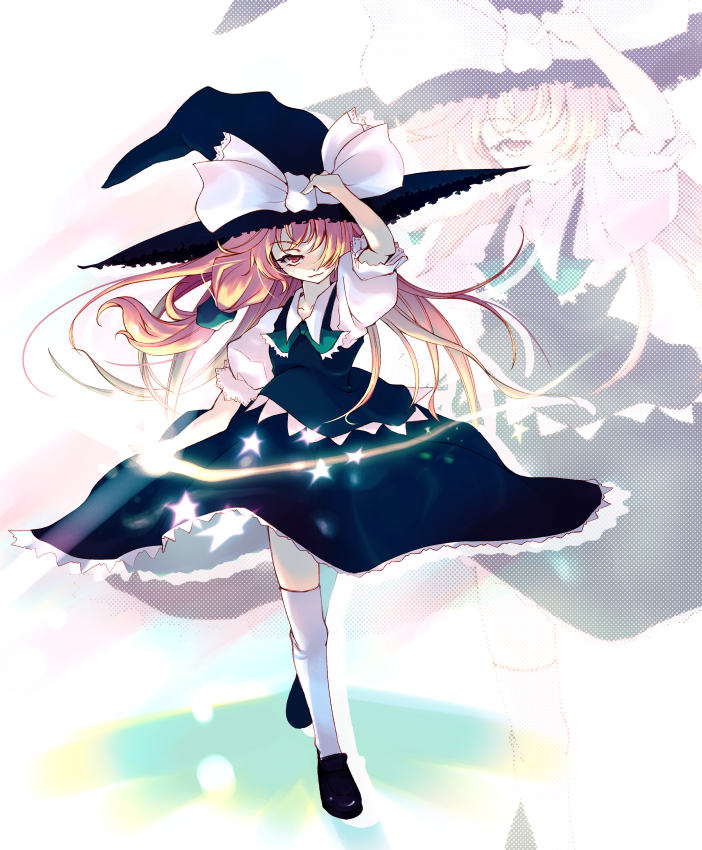tamaki fuyu, kirisame marisa, touhou, 1girl, arm up, black hat, black shoes, black skirt, black vest, blonde hair, bow, bowtie, collared shirt, female focus, floating hair, full body, glowing, green bow, green bowtie, hair over one eye, hair tubes, hand on headwear, hat, hat bow, lace-trimmed sleeves, lace trim, long hair, looking at viewer, magic, puffy short sleeves, puffy sleeves, red eyes, shirt, shoes, short sleeves, skirt, smile, solo, star (symbol), thighhighs, vest, walking, white bow, white shirt, white thighhighs, witch hat, zoom layer