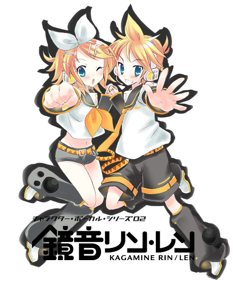 yuuma (omaeno meinichi), kagamine len, kagamine rin, vocaloid, 1boy, 1girl, blonde hair, blue eyes, brother and sister, headphones, leg warmers, school uniform, serafuku, siblings, twins