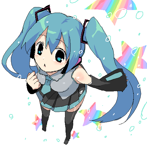 hamamo, hatsune miku, vocaloid, lowres, boots, detached sleeves, green eyes, green hair, headphones, long hair, miniskirt, necktie, oekaki, skirt, solo, standing, thigh boots, thighhighs, twintails, very long hair, zettai ryouiki