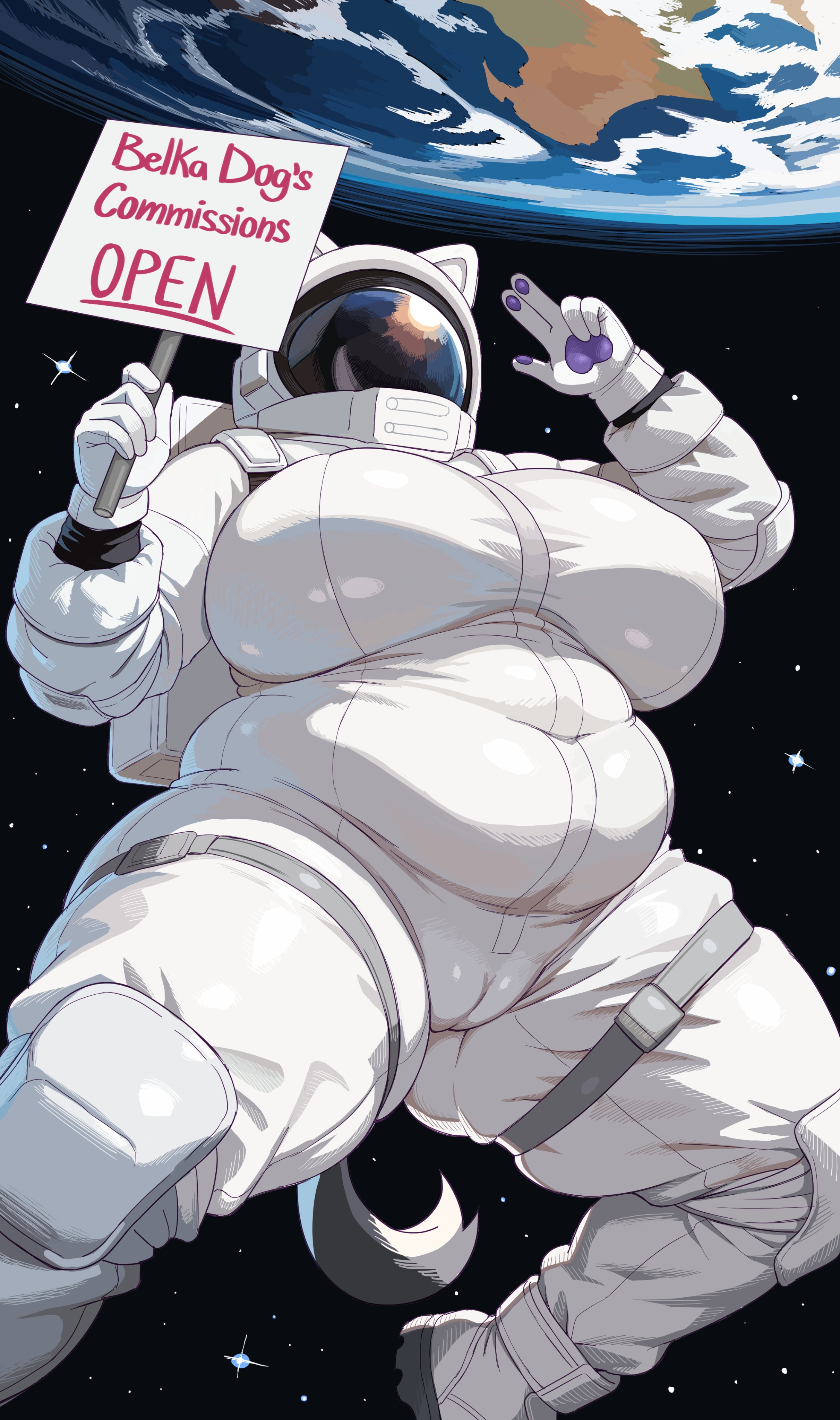 belka dog, original, absurdres, commentary, english commentary, highres, 1girl, animal ears, artist name, black background, boots, breasts, cameltoe, covered navel, earth (planet), english text, fake animal ears, fat, floating, gloves, grey tail, helmet, holding, holding sign, huge breasts, long sleeves, multicolored gloves, pawpads, planet, purple gloves, sidelighting, sign, solo, spacesuit, star (sky), starry sky background, thick thighs, thigh strap, thighs, white boots, white gloves