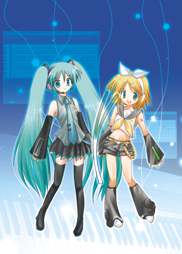 ebisu senri, hatsune miku, kagamine rin, vocaloid, 2girls, aqua hair, blouse, long hair, multiple girls, shirt, short shorts, shorts, thighhighs, twintails, very long hair, white shirt
