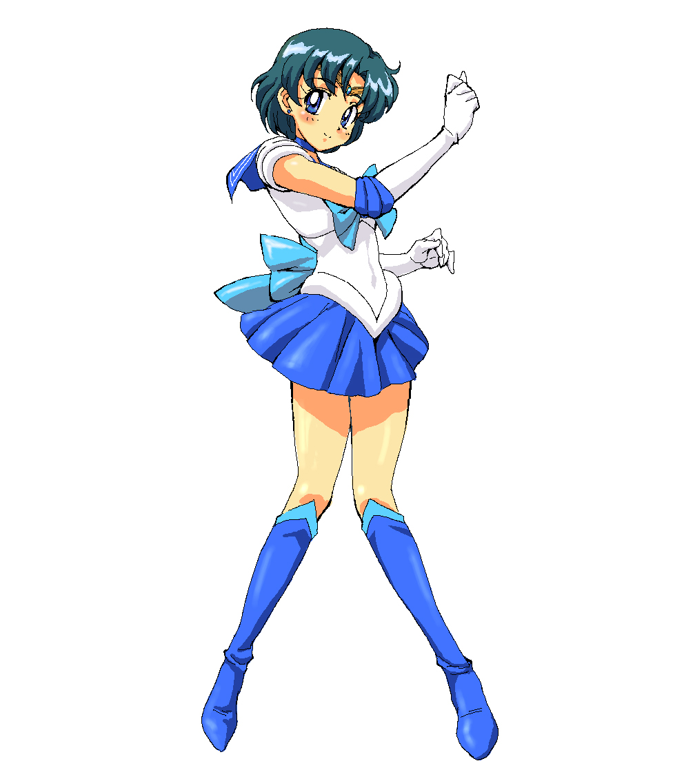 fujimoto satoru, mizuno ami, sailor mercury, bishoujo senshi sailor moon, 1990s (style), 1girl, blue boots, blue eyes, blue hair, blue sailor collar, blue skirt, blue theme, boots, choker, earrings, elbow gloves, female focus, gloves, jewelry, knee boots, magical girl, matching hair/eyes, retro artstyle, sailor collar, sailor senshi uniform, short hair, skirt, solo, tiara, white background, white gloves