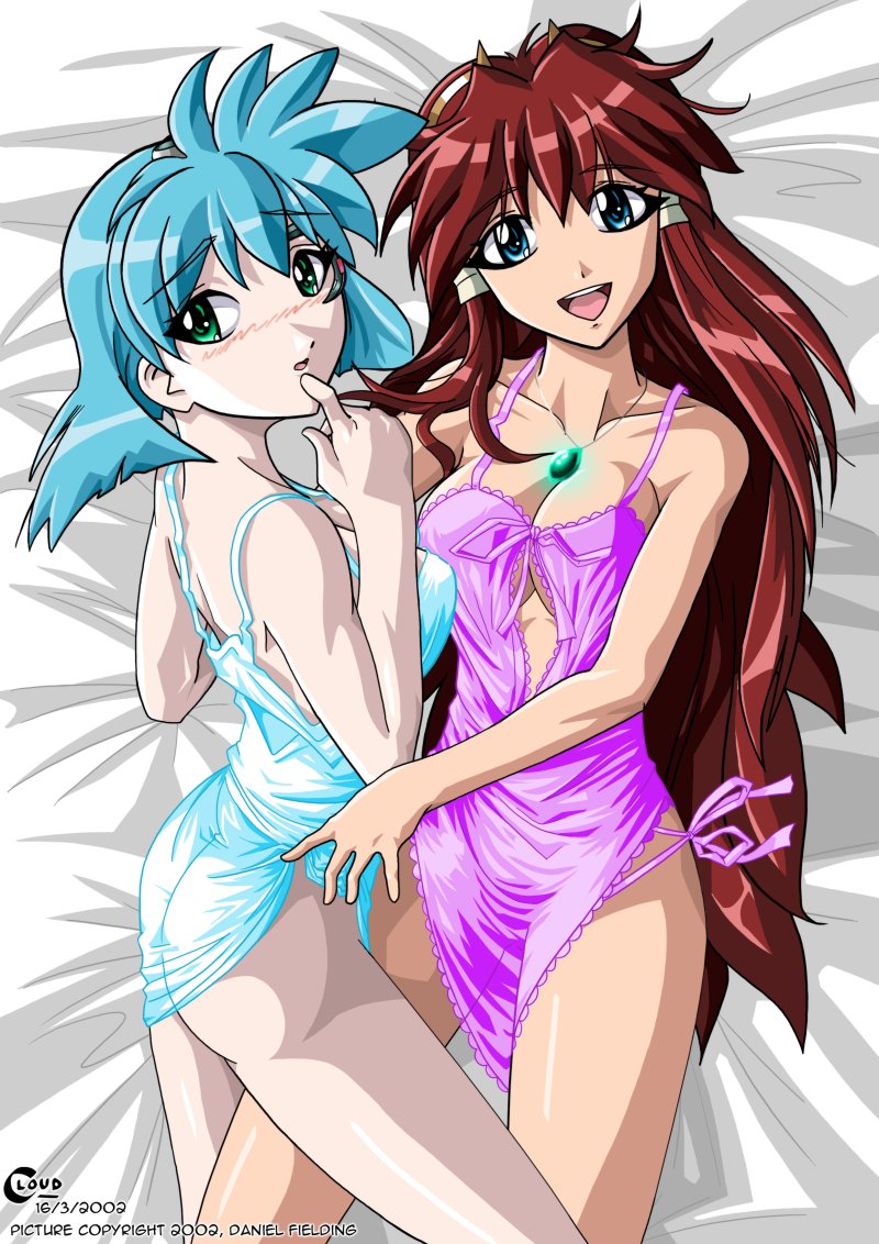 daniel fielding, dita liebely, meia gisborn, vandread, duplicate, 00s, 2girls, ass, bed, blue eyes, blue hair, blush, breasts, cleavage, green eyes, green panties, jewelry, large breasts, lingerie, long hair, lying, medium breasts, multiple girls, necklace, nightgown, on back, on side, pale skin, panties, purple panties, red hair, short hair, side-tie panties, underwear, underwear only, very long hair, yuri