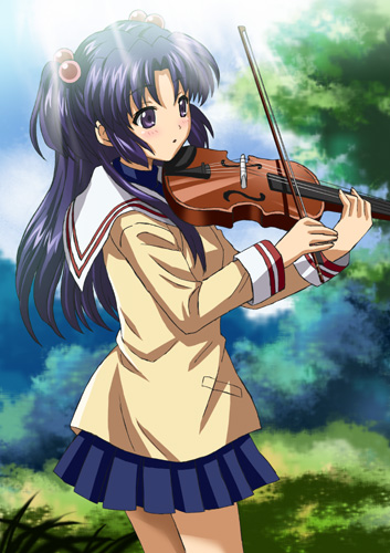 midori (searchlight), ichinose kotomi, clannad, lowres, 00s, 1girl, female focus, hair bobbles, hair ornament, instrument, long hair, purple eyes, purple hair, school uniform, serafuku, solo, two side up, violin