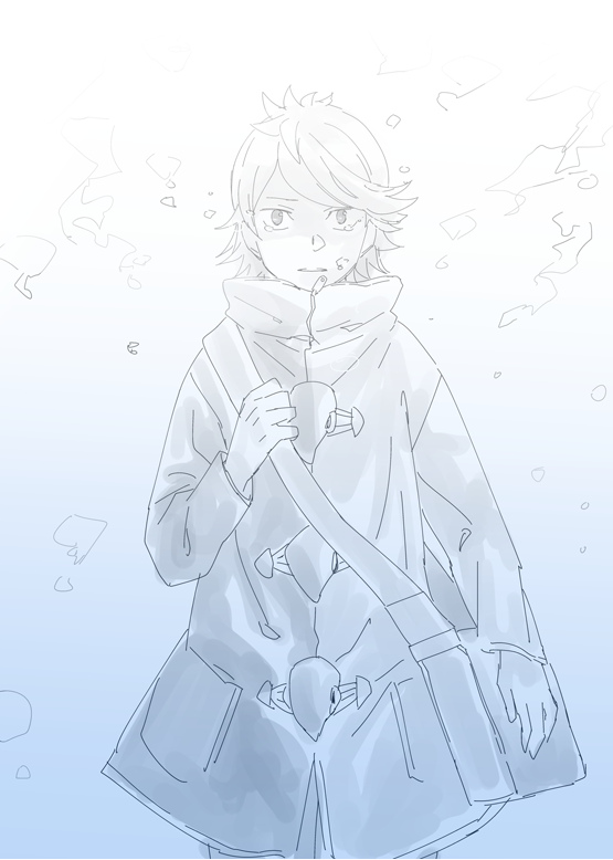 ikuhashi muiko, gamon yuuta, occultic;nine, science adventure, tagme, 1boy, bag, coat, crying, crying with eyes open, holding, long sleeves, looking at viewer, male focus, monochrome, short hair, simple background, snow, snowing, solo, standing, tears, white background, winter clothes