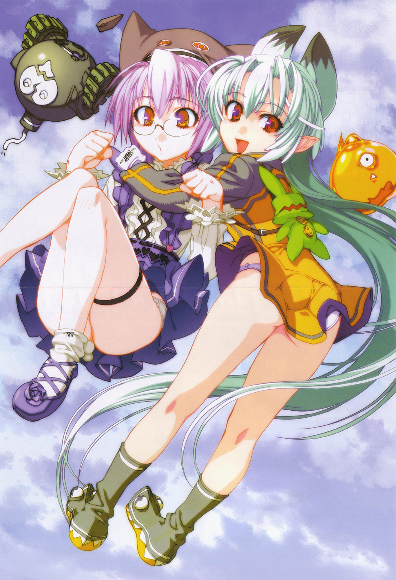 nishii (nitroplus), girl's avenue, nitroplus, original, highres, scan, 2girls, animal ears, aqua hair, ass, backpack, bag, bent over, boots, clenched hand, cloud, crease, demon girl, falling, glasses, hat, hug, kneepits, leaning forward, legs, lolita fashion, long hair, looking back, multiple girls, orange eyes, panties, pointy ears, purple hair, purple panties, randoseru, red eyes, robot, shoes, short hair, sitting, sky, smile, socks, thigh strap, underwear, very long hair, white panties, wind lift