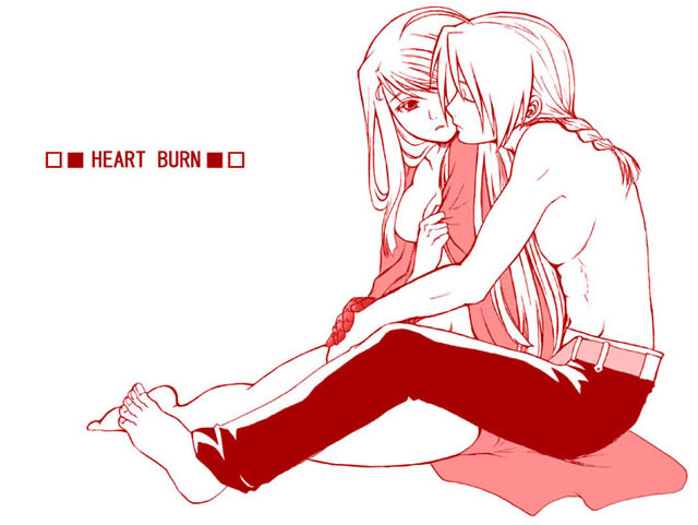 edward elric, winry rockbell, fullmetal alchemist, 00s, 1boy, 1girl, braid, couple, hetero, hug, hug from behind, long hair, monochrome, monotone