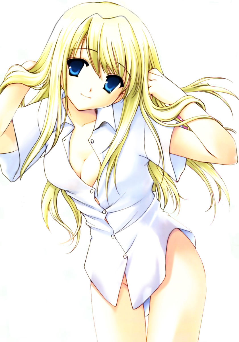 winry rockbell, fullmetal alchemist, artist request, highres, 00s, 1girl, blonde hair, blue eyes, bottomless, female focus, long hair, smile, solo