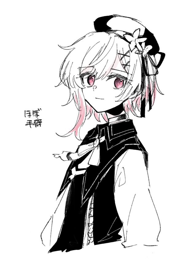 sakuraba ema, mahou shoujo no majo saiban, 1girl, beret, black choker, black dress, black hat, choker, dress, flower, gradient hair, hair ornament, hat, hat flower, looking to the side, multicolored hair, pink eyes, pink hair, ribbon, shirt, short hair, simple background, solo, white background, white flower, white hair, white ribbon, white shirt, x hair ornament, yume mogura