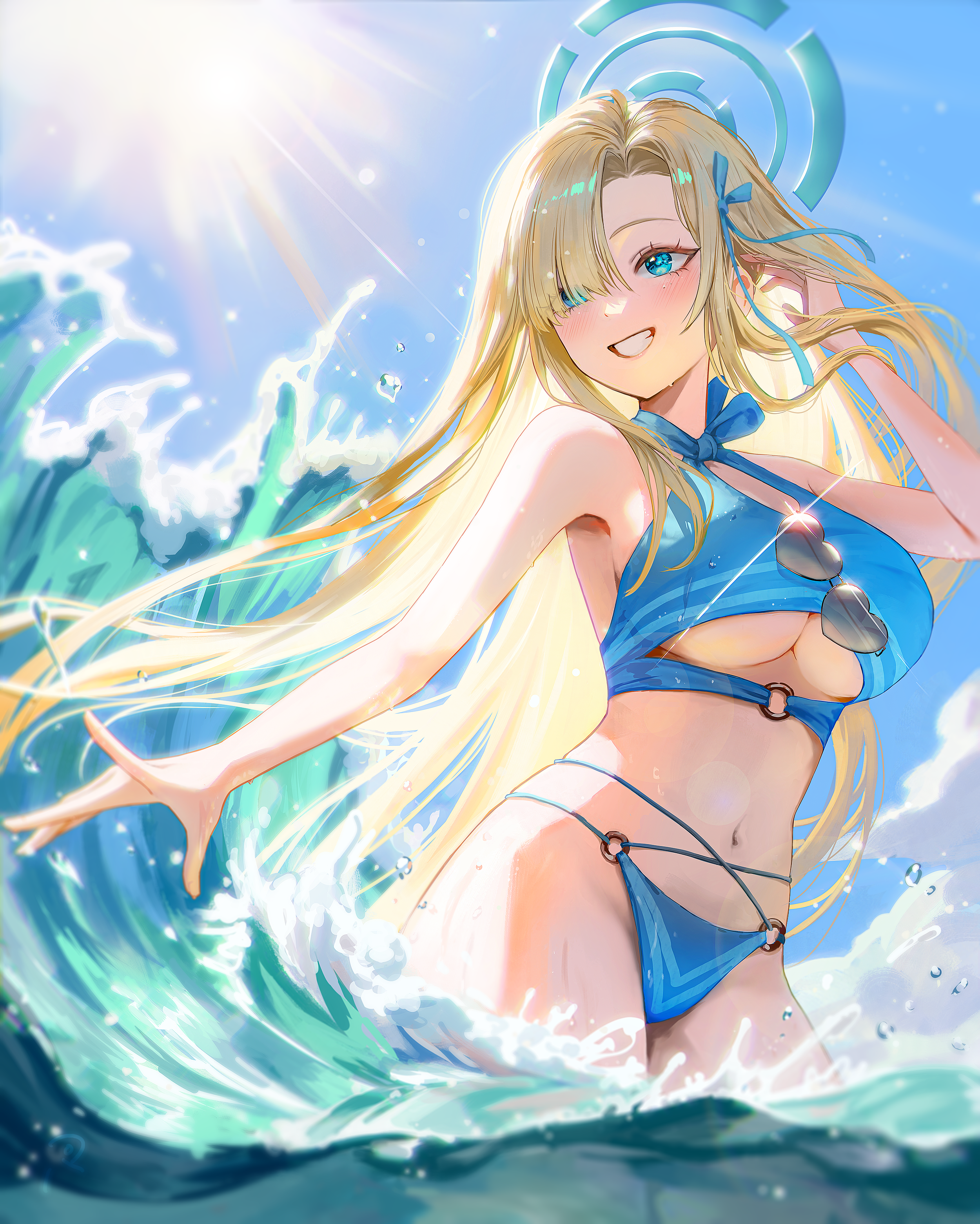 mapa s2, asuna (blue archive), blue archive, absurdres, commentary request, highres, 1girl, alternate costume, bikini, blonde hair, blue bikini, blue halo, blue ribbon, blush, breasts, front-tie top, grin, hair ribbon, halo, heart, heart-shaped eyewear, long hair, multi-strapped bikini bottom, navel, o-ring, o-ring bikini, o-ring bottom, o-ring top, ribbon, smile, solo, stomach, swimsuit, teeth, tinted eyewear, underboob, wading, wet