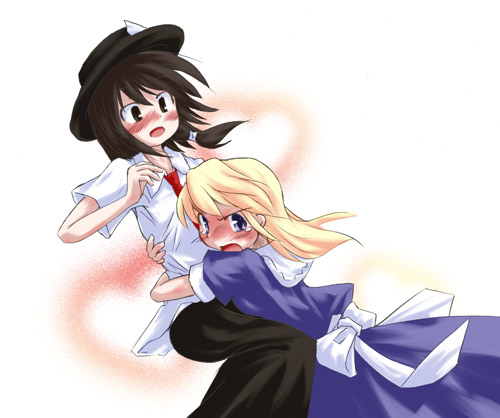 koto (keioteo), maribel hearn, usami renko, ghostly field club, touhou, lowres, 2girls, blush, dress, female focus, hat, hug, multiple girls, white background