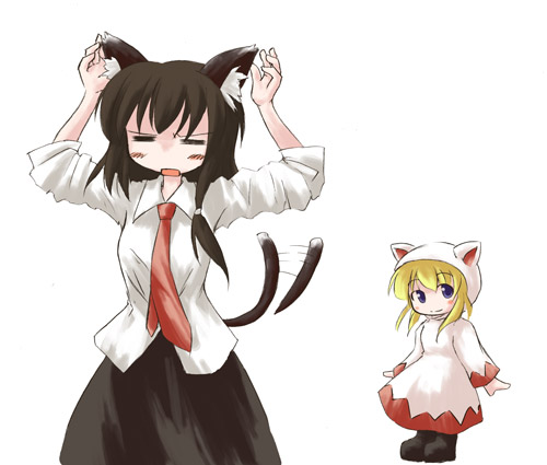 koto (keioteo), maribel hearn, usami renko, ghostly field club, touhou, lowres, 2girls, animal ears, cat ears, cat girl, cat tail, female focus, hat, kemonomimi mode, multiple girls, skirt, tail, white background