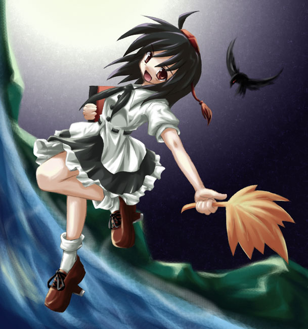 koto (keioteo), shameimaru aya, touhou, 1girl, bird, black hair, crow, dutch angle, female focus, flying, geta, hand fan, hat, looking at viewer, nature, short hair, skirt, solo, tengu-geta, tokin hat